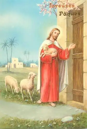 Holy family greetings postcard Easter scene Jesus and lambs
