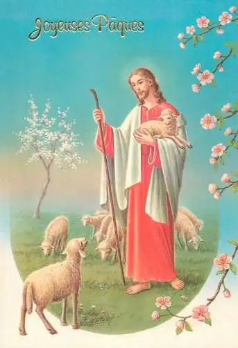 Holy family greetings postcard Easter scene Jesus and lambs