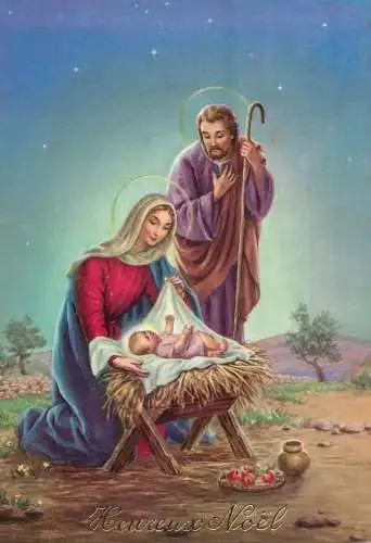 Holy family greetings postcard Christmas scene nativity Virgin Mary