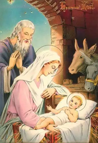 Holy family greetings postcard Christmas scene lambs Virgin Mary