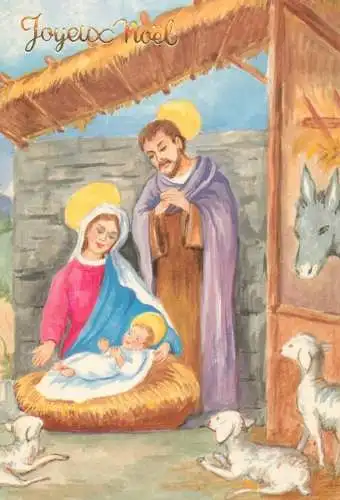 Holy family greetings postcard Christmas scene lambs Virgin Mary