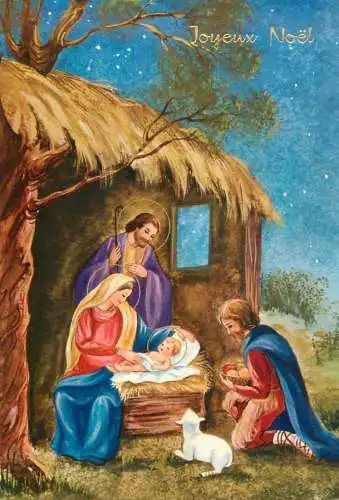 Holy family greetings postcard Christmas scene lambs Virgin Mary