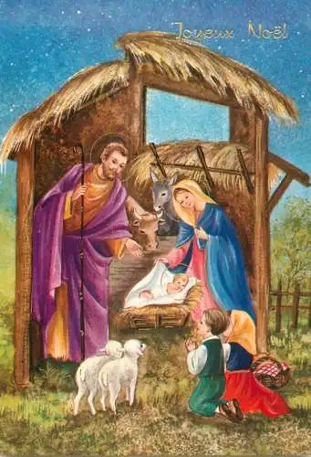Holy family greetings postcard Christmas scene lambs Virgin Mary