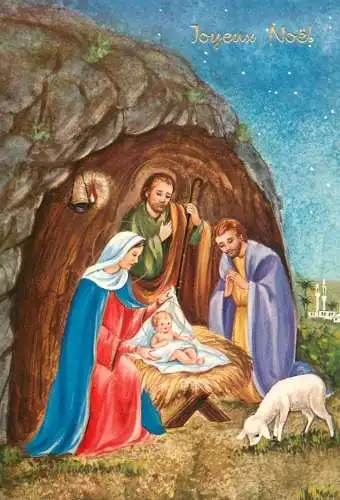 Holy family greetings postcard Christmas scene lambs Virgin Mary