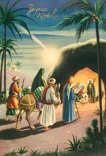 Holy family greetings postcard Christmas scene Mages