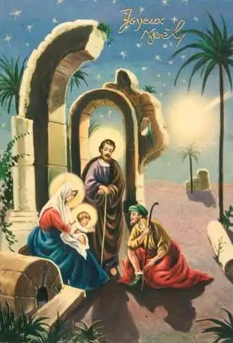 Holy family greetings postcard Christmas scene Mages