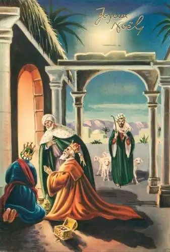 Holy family greetings postcard Christmas scene Mages