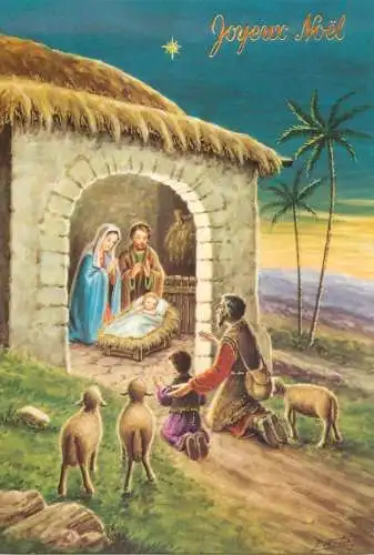 Holy family greetings postcard Christmas scene Jesus lambs