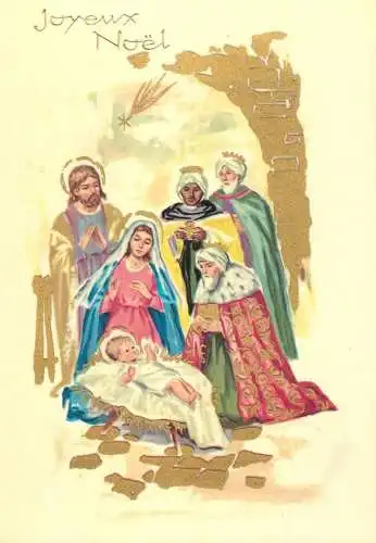 Holy family greetings postcard Christmas scene Jesus Nativity Mages