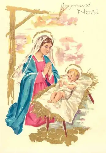 Holy family greetings postcard Christmas scene Jesus Nativity Virgin Mary