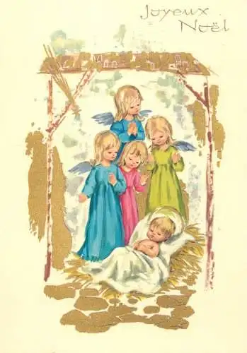 Holy family greetings postcard Christmas scene Jesus Nativity angels