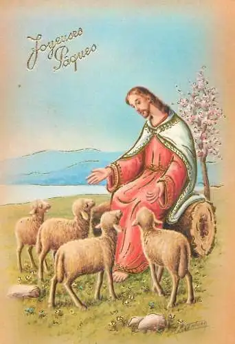Holy family greetings postcard Easter scene Jesus and lambs