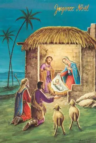 Holy family greetings postcard Christmas scene Saints and lambs