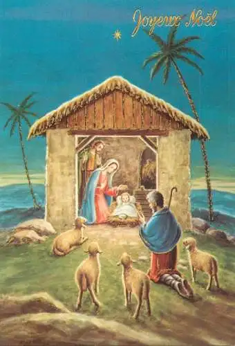 Holy family greetings postcard Christmas scene Saints and lambs