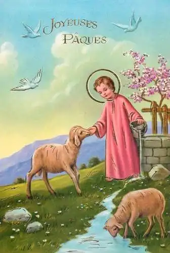 Holy family greetings postcard Easter scene Saints and lambs
