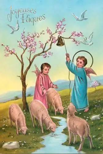 Holy family greetings postcard Easter scene Saints and lambs