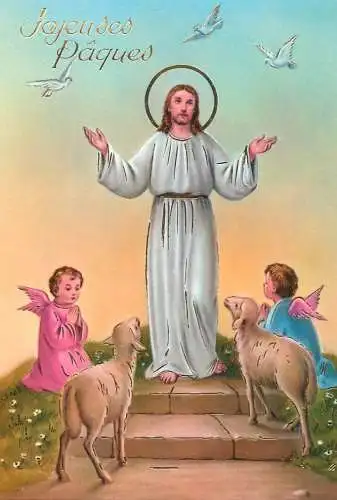 Holy family greetings postcard Easter scene Jesus Saints and lambs