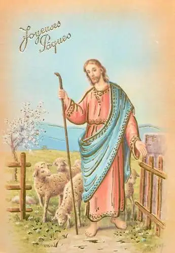 Holy family greetings postcard Easter scene Jesus and lambs