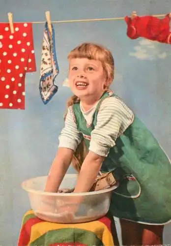 Children postcard girl washing clothes
