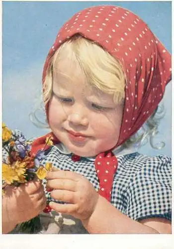 Children postcard baby girl and flower