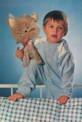 Children postcard baby boy and toy