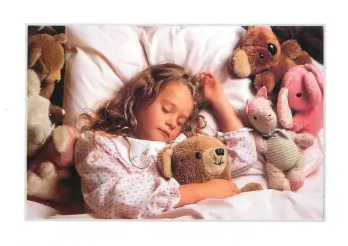 Children postcard girl sleeping teddybear