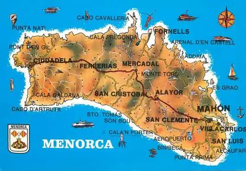 Map postcard Menorca island coat of arms