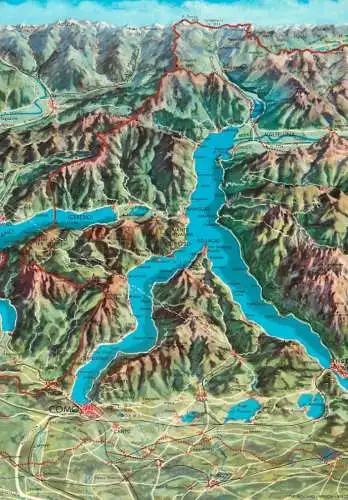 Map postcard Como and lake