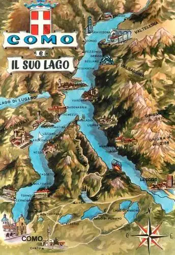 Map postcard Como and lake