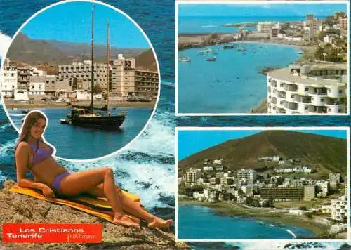 Beauty girl sunbathing Tenerife Los Cristianos different aspects