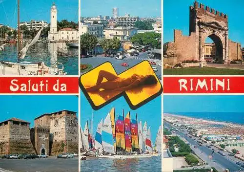 Saluti da Rimini different aspects sunbathing beauty and multi views souvenir postcard