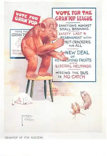 Lawson Wood - Vote for Gran`pop up for election, monkey hedgehogs caricature postcard