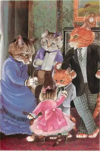 A3654 Musical evening by Susan Herbert - Victorian drawn cats 1991 postcard