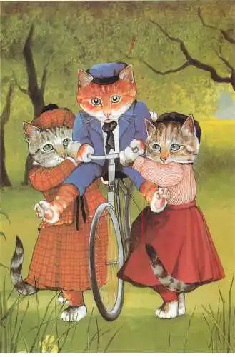 Cats out cycling by Susan Herbert - Victorian drawn cats 1991 postcard