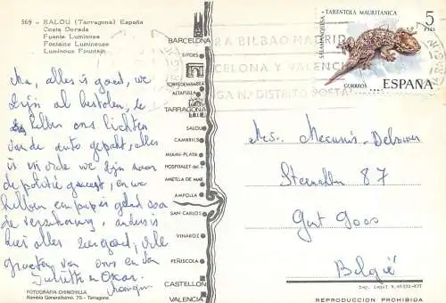 Salou fuente luminosa lizard stamp on postcard