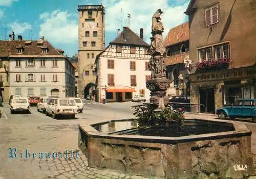 France Alsace pittoresque Ribeauville (Haut-Rhin) fontaine sculptee en gres rouge & Tours des Bouchers