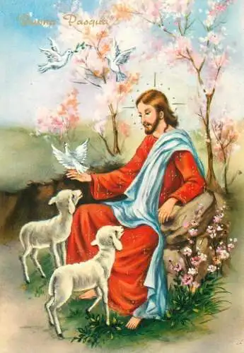 Easter greetings Buona Pasqua Jesus with lambs and doves