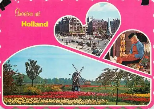Greetings from Holand Netherlands windmill wooden shies tulip field