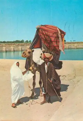 Tunisia Kairouan Les bassin des Aghabites man and woman with camel