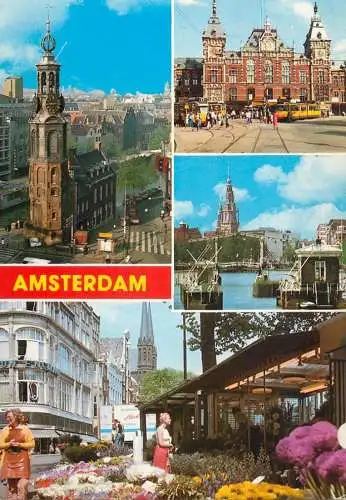Netherlands Amsterdam clocktower tram flower market