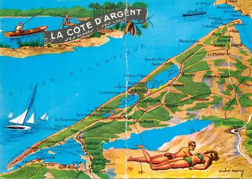 France Cote d'Argent Map illustration Andre Marcy signed Postcard