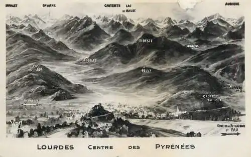 Postcard France Lourdes Pyrenees map