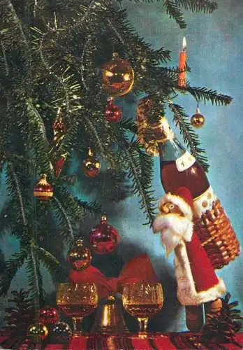 Winter Holiday greetings decorated tree and funny Santa Claus toy with champagne bottle