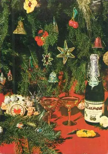 Winter Holiday greetings champagne bottle, clock and decorated tree