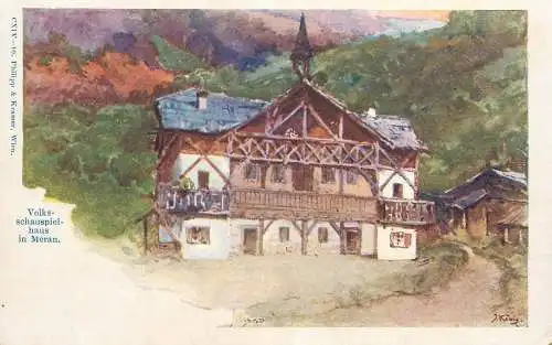 Italy Volksschauspielhaus in Meran signed illustration