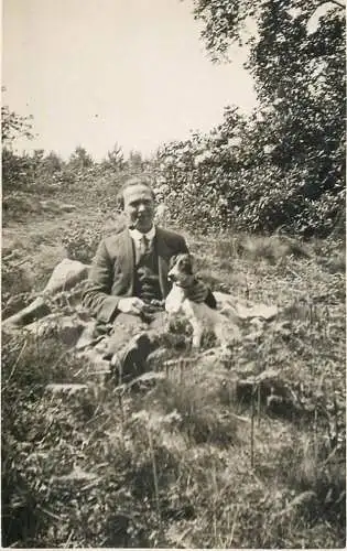 Real photo postcard place to identify elegant man pipe dog
