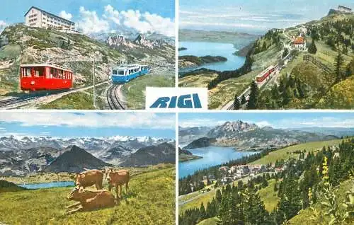 Postcard Switzerland Rigi tram train cows