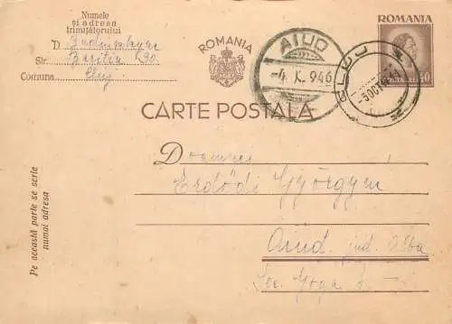 Romania postal card royalty franking stamps Aiud 1946