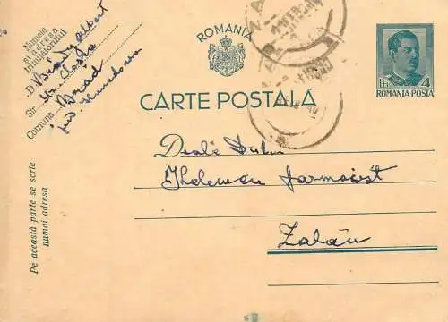 Romania postal card royalty franking stamps Zalau Brad 1940