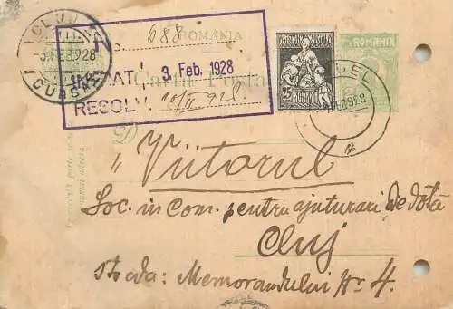 Romania postal card royalty franking stamps Cluj 1928